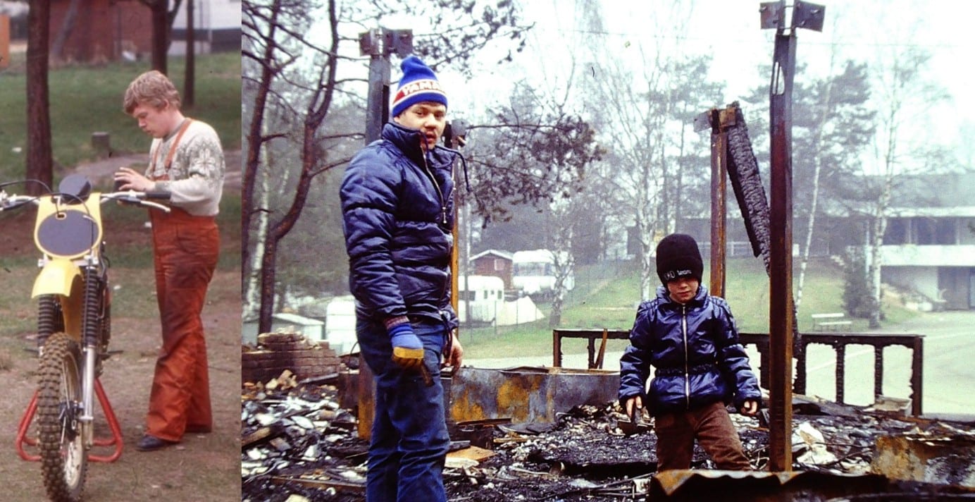 Suomalaisia Zolderin leirintäalueella vuonna 1979. Kimmo Suvinen huoltaa Göte Liljegrenin pyörää. Ari Ventoniemi sekä Pauli Piippolan juniori ihmettelevät palanutta huoltorakennusta.